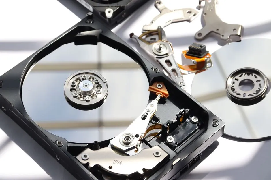 Close-up of an open computer hard disk drive showing the platters and read/write head