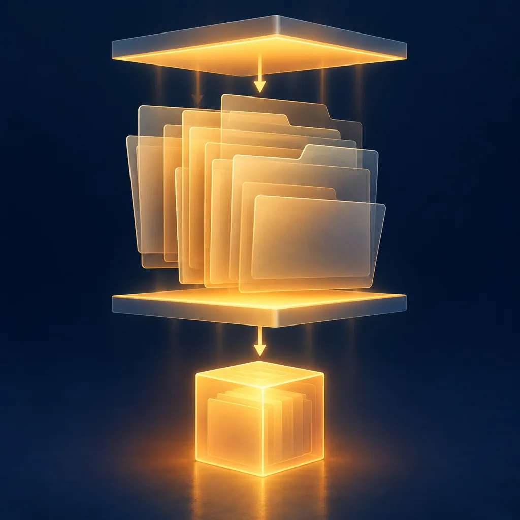 Illustration of translucent files compressing into a smaller archive shape
