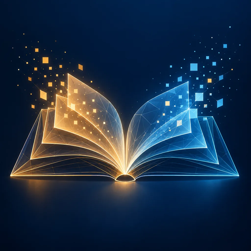 Illustration of an open book glowing beside stacked digital pages