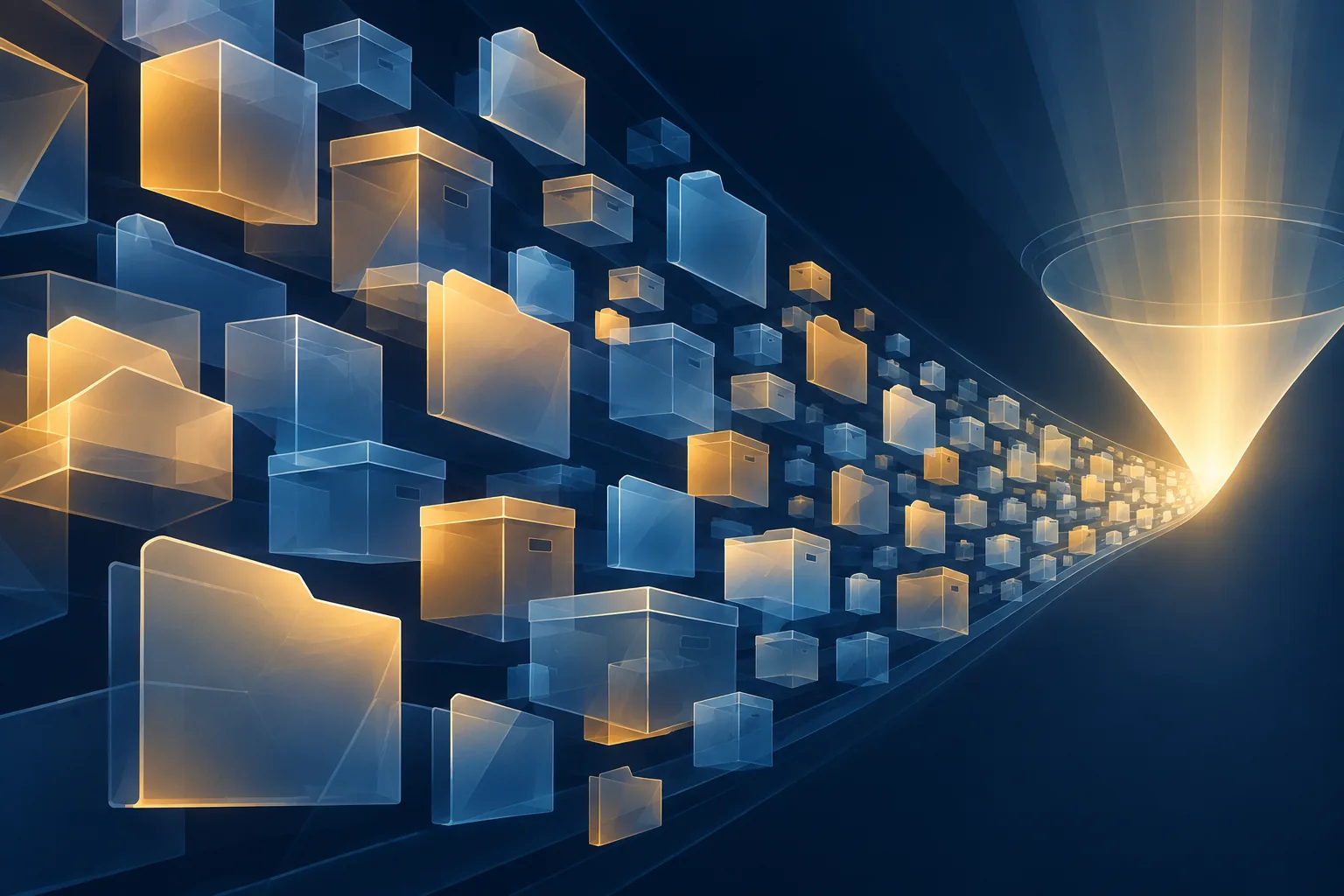 Illustration of stacked file folders compressing into a smaller archive shape